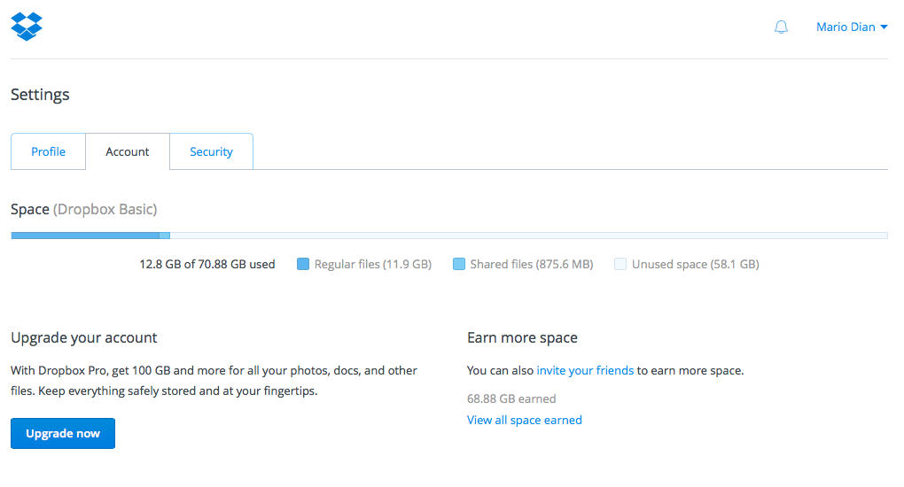 dropbox free account space